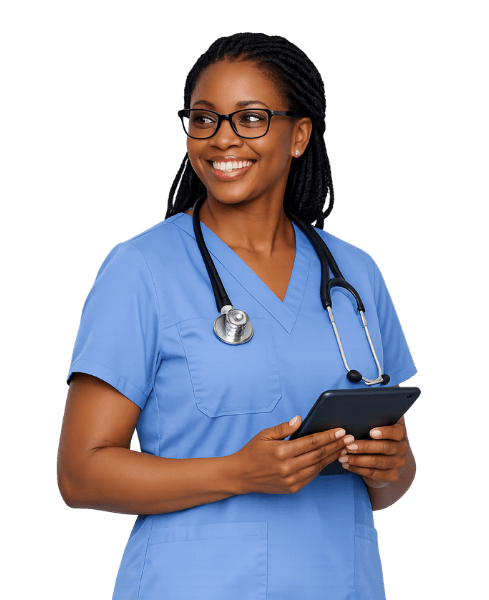 Smiling clinician with stethoscope and tablet